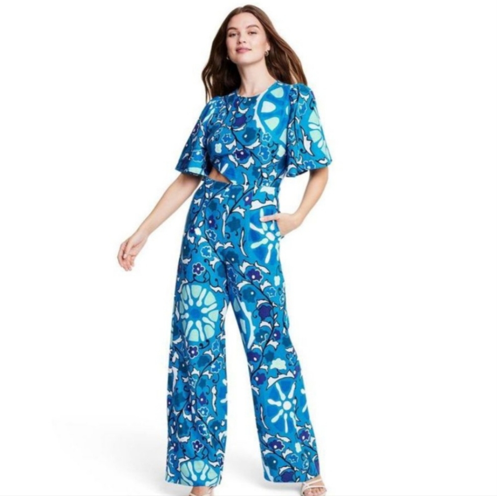 Rhode Target Linen Blend Floral Bell Sleeve Cutout Jumpsuit